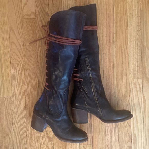 FreeBird sz 6 Cosmo tall boots dark brown cognac leather wrap laces great cond - Picture 1 of 10
